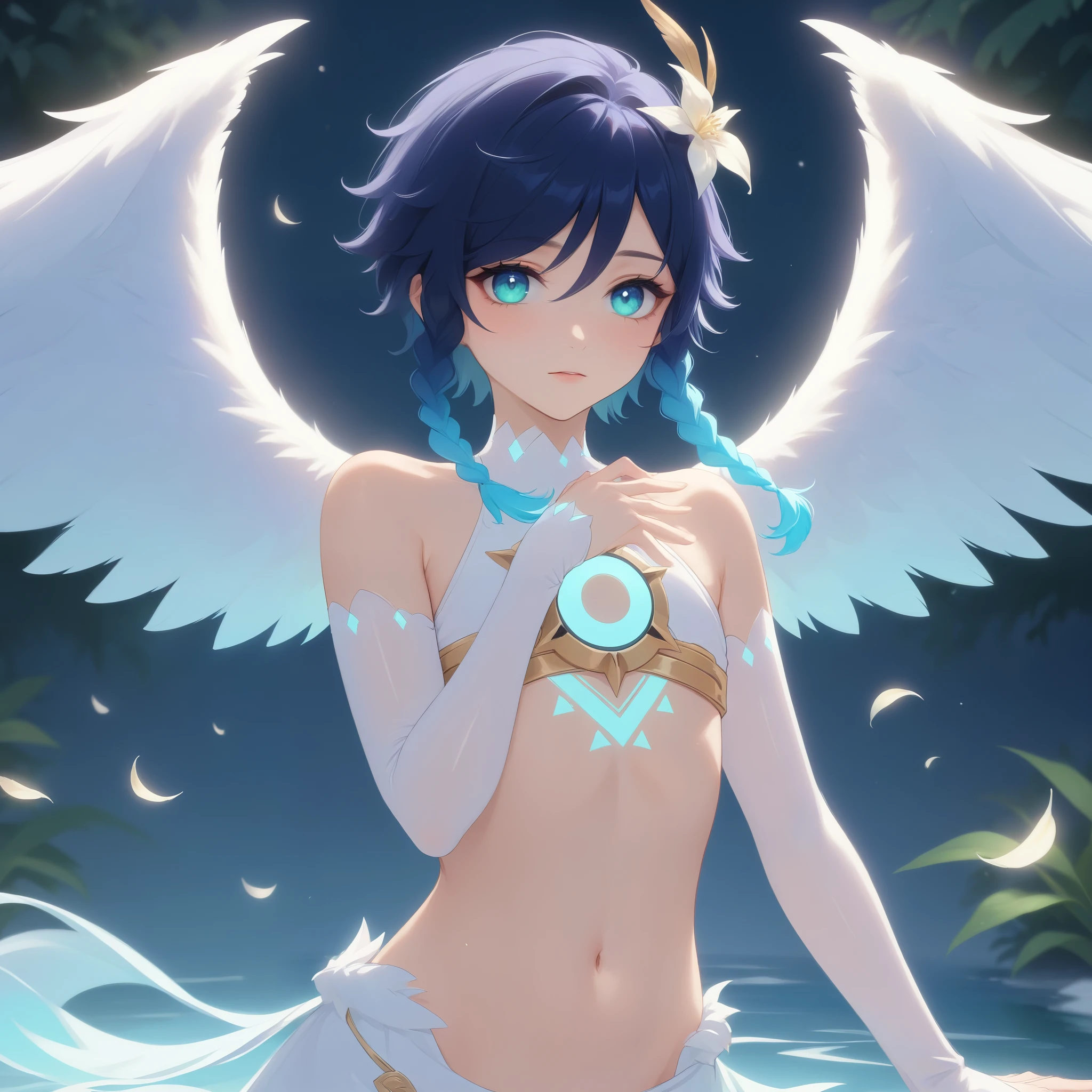 (best quality,4k,8k,highres,masterpiece:1.2),1boy,venti,genshin impact,ultra-detailed,(realistic:0.25),wearing white,bare shoulders,bare stomach,bridal gauntlets,large fluffy white feathered_wings,night,moon reflection,intricate details,delicate,pastel color palette,elegant curves,effects of light and shadow,subtle reflections,face focus,sharp focus,white flower petals falling,ethereal atmosphere,elysium,soft starlight filtering through trees,lush plant life,cool blue toned blossoms,harmonious blend of nature and art,transcendent beauty,awe-inspiring artwork,flat chest,navy gradient hair in twin braids,graceful pose,glowing hair, glowing eyes,glowing chest tattoo,Award Winning,pixiv_fantasia,artstation trending,Super Detailed, 