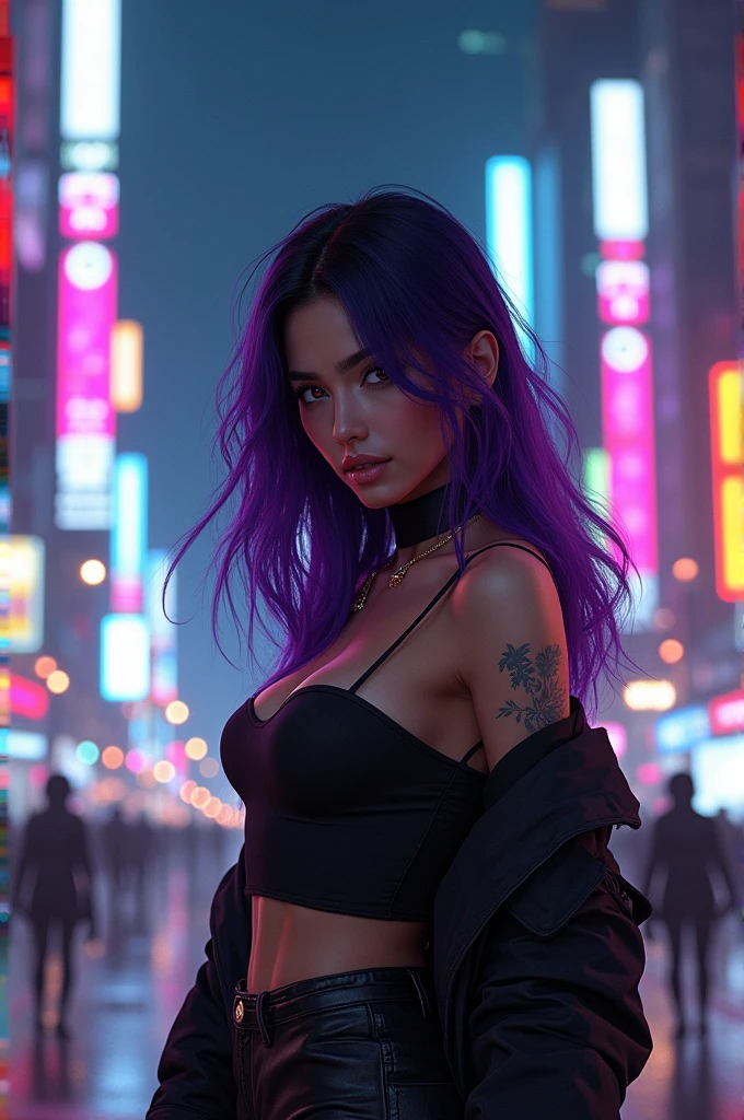 (1girl), masterpiece, photorealistic, 8k, (realistic: 1.2), full body, looking at viewer, pantyhose, purple hair, (kafka: 1.2), walking, beauty, (medium breasts: 1.2) night, night sky, city, cityscape, rain, (dramatic: 1.2)
