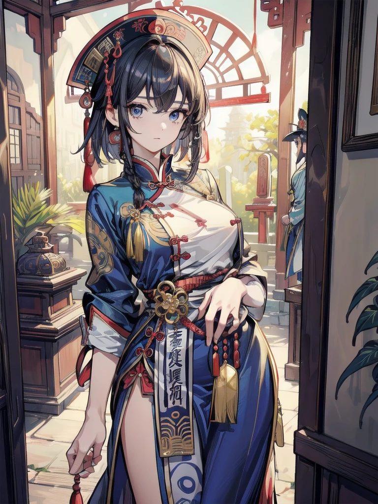 (Official art、Best Quality、Unity 8k Wallpapers、32K、masterpiece、ultra-detailliert、超A high resolution、realisitic、Photorealsitic:1.2)、(Cinematic lighting:1.2)、Fireglow effect、film grains、Best Shadows、Rim lighting、side lights、sideshot、(Ultra-detailed and complex 3D rendering)、Detailed beautiful face and eyes、A slender、Medium bust、(Full body:1.2)、 Highly detailed background、Chinese Restaurant、Carry dishes、beauitful face、blurry backround、a beauty girl、(super detailed skin、detailed skin textures:1.3)、Black hair、short-hair、Double bun、Blue eyes、Red cheongsam with gold thread embroidery、Wearing high heels、Floral hair ornament、(thighs thighs thighs thighs:0.9)、Smile with open mouth、dynamicposes