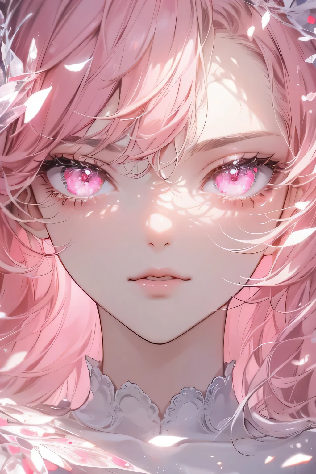 (Absurd, High Resolution, Ultra Detailed), 1girl, Solo, Very Detailed Eyes, (Official Art, Beauty and Aesthetics: 1.2), (Fractal Art: 1.3), White Pink Color Scheme, Most Detailed