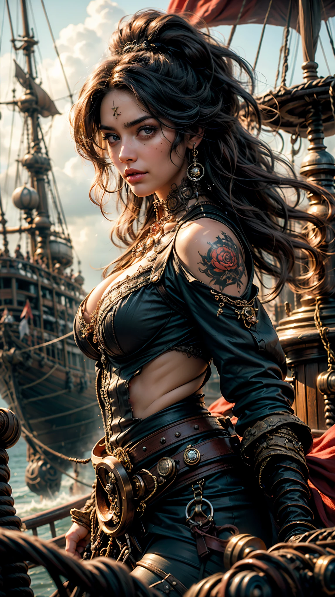 masterpiece, Ultra intricate details, low camera angle, low angle photography, view from below, 1 girl, alone, dark latin skin, blushing, frown, annoyed, evil smile, black steampunk pirate outfit, red and brown. bracelets, black and red jewelry and beads, long neckline, black hair with red, Found, long to the back, cabello con Found, disheveled, thick and bushy eyebrows, steampunk pirate girl, swollen eyes, perfectly rounded sclera, Highly detailed cherry mouth and lips , large, bright green eyes, arms loose behind the back, posing as captain, rough expression, ((natural light)), hyperrealistic, Augmented reality, estilo hyperrealistic, ((Ultra intricate face and body details, extremely detailed skin)), shadows and lights, during the day, steampunk pirate ship, ultra quality, 4k high definition, half body, portrait, close up, background blur