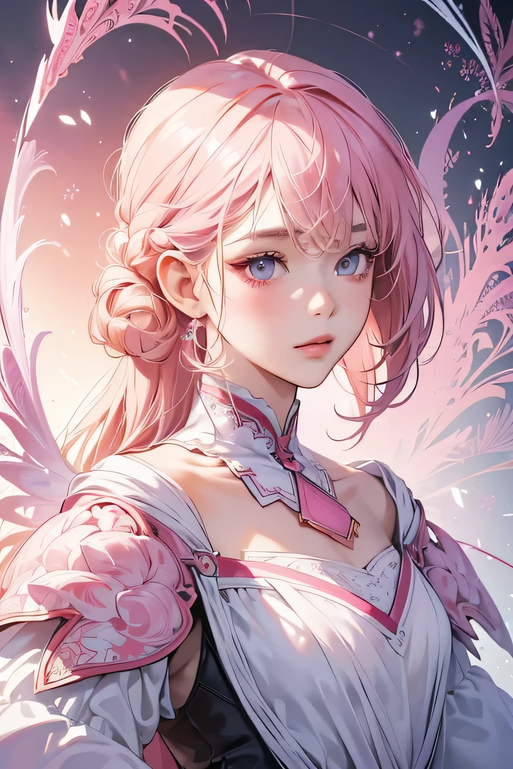 (Absurd, High Resolution, Ultra Detailed), 1girl, Solo, Very Detailed Eyes, (Official Art, Beauty and Aesthetics: 1.2), (Fractal Art: 1.3), White Pink Color Scheme, Most Detailed