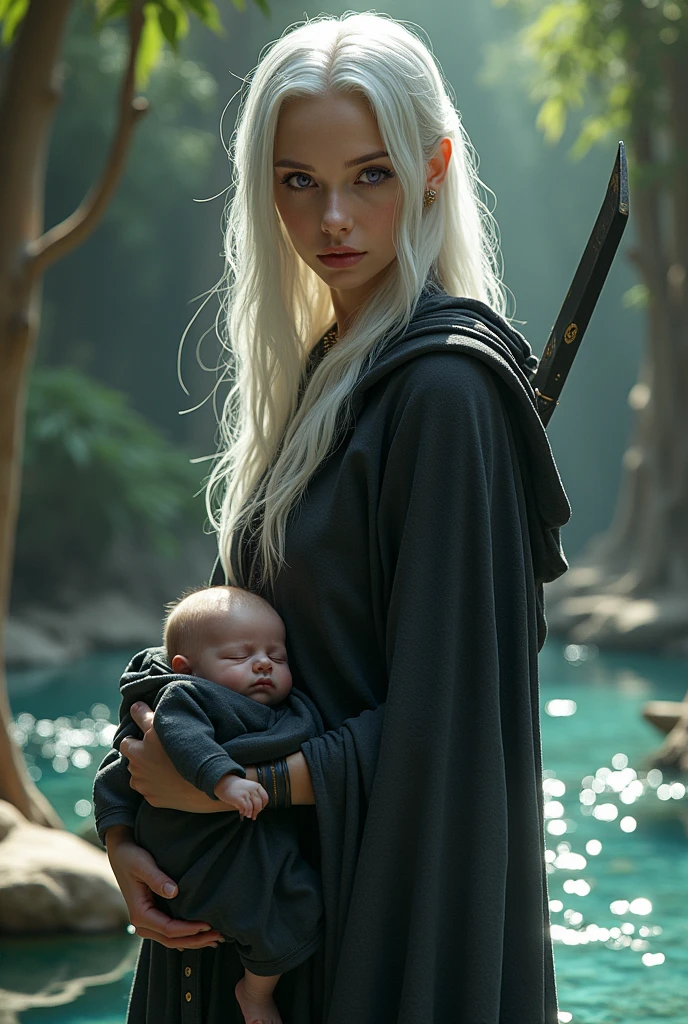 Pregnant white woman with white hair and black gradient with a red streak, crimson eyes, black gothic style clothing, serious expression.
Tall man next to him with black hair with a golden lock, gold eyes, black medieval style clothing