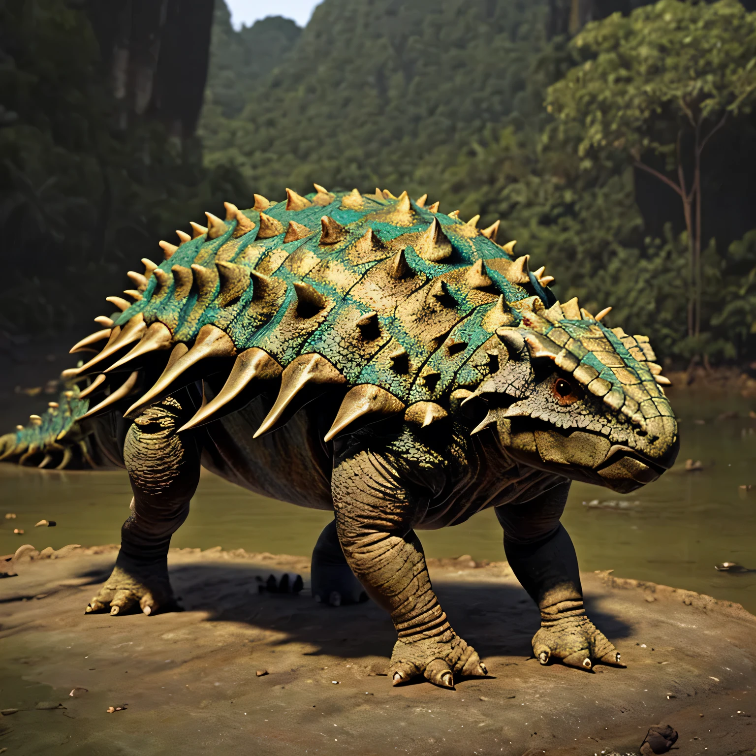 masterpiece, Highest quality,  Ankylosaurus_dinosaur,  Jurassic jungle,