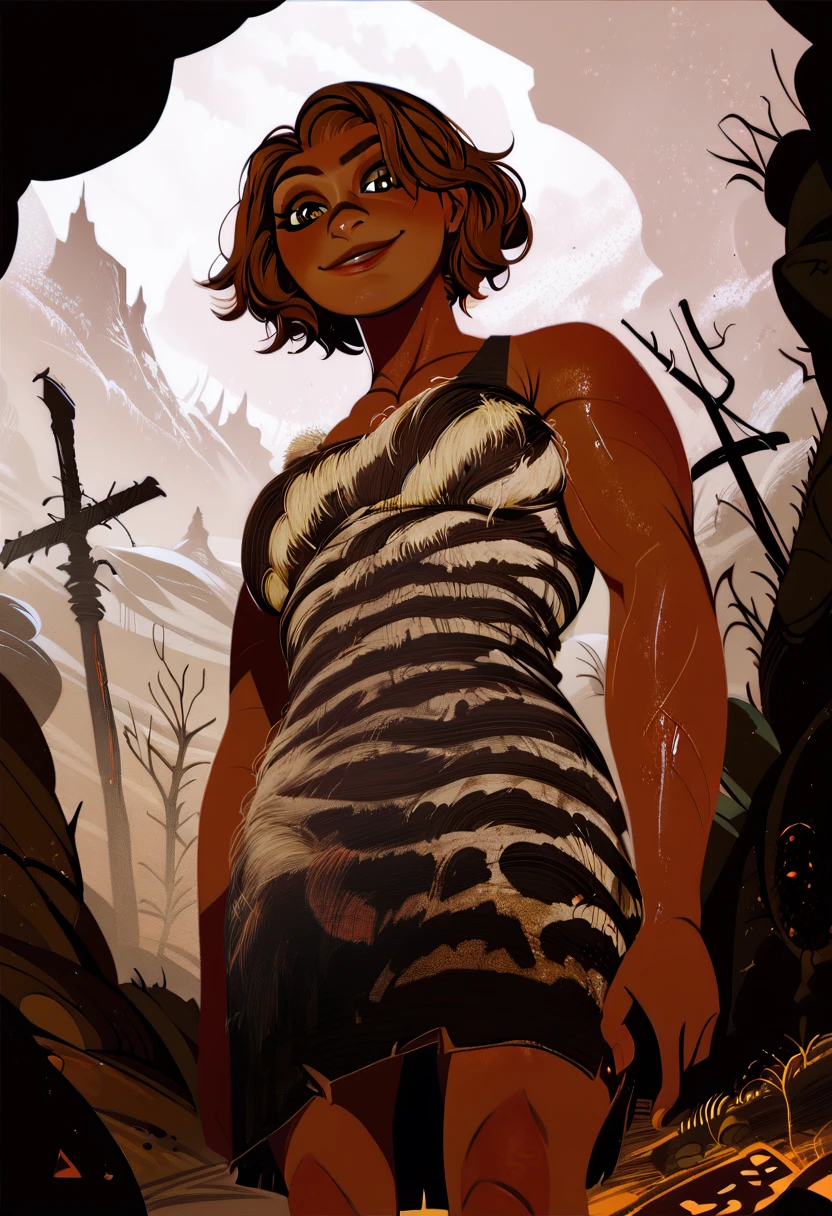 score_9,score_8_up,score_7_up,score_6_up,
Uggaxl,brown hair,short hair,brown eyes,
dress,animal print,off shoulder,sleeveless,muscular,
light smile,from below,
looking at viewer,
solo,
small cave,wasteland,