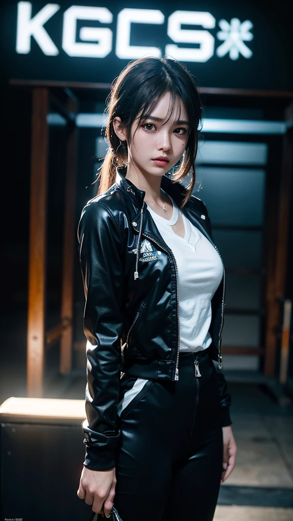 (masutepiece), (Best Quality), ((Super detailed beautiful face and eyes)), Realistic, with cool girls, Dynamic Angle, Short hair, (blue blouson jacket:1.1) And (Black tight skirt), ((Dark eyes)), Fingerless gloves, Jewelry Accessories, Studio Lighting