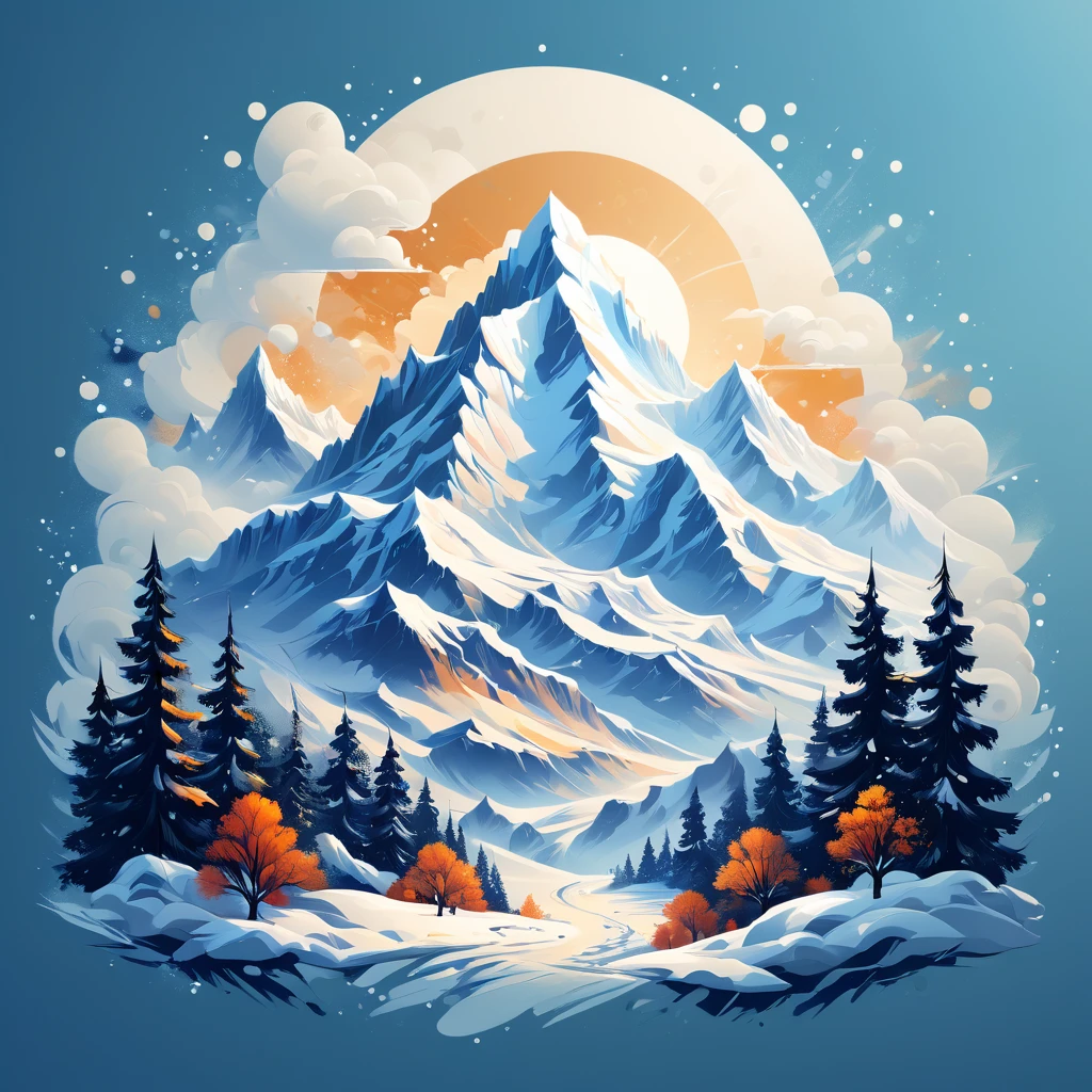 t-shirt design, painting of a snow mountain with big snowfall, a detailed painting by Petros Afshar, shutterstock contest winner, environmental art, detailed painting, outlined art, 2d game art, isolated background for logo