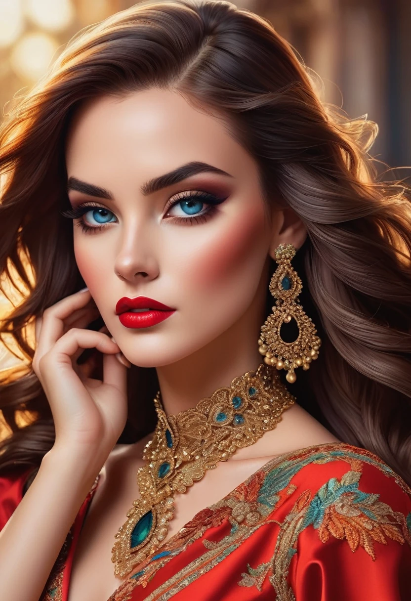 Beautiful woman, dramatic makeup, elegant attire, striking features, long flowing hair, intense eyes, flawless skin, bold lipstick, intricate eye shadow, glamorous accessories, high fashion, confident pose, luxurious background, vibrant colors, soft lighting, digital illustration, hyper-realistic style, detailed rendering, by Lisa Eldridge, Vogue.SoniaM. 
