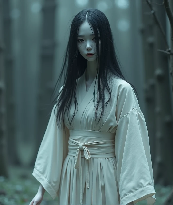 quality\(8k,wallpaper of extremely detailed CG unit, ​masterpiece,hight resolution,top-quality,top-quality real texture skin,hyper realisitic,increase the resolution,RAW photos,best qualtiy,highly detailed,Yurei are traditional Japanese ghosts or spirits that are believed to be souls of the dead who have not found peace. They are often depicted with distinctive and eerie features. Here’s a detailed description of how Yurei typically look:
1. Appearance:
Form: Yurei usually appear as translucent or ghostly figures, often depicted as having a faint, ethereal presence. They may appear as semi-transparent or shadowy forms, blending with their surroundings.
Clothing: They are commonly shown wearing traditional Japanese funeral garments, such as white kimonos or burial clothes. The white attire represents mourning and is a common theme in ghostly depictions.
2. Face and Hair:
Hair: Yurei often have long, disheveled, and unkempt hair that falls over their faces and shoulders. The hair may appear dark and flowing, adding to their haunting appearance.
Face: Their faces are usually pale and featureless or expressionless, with hollow eyes and a mouth that may be slightly open. The lack of facial features or the presence of a mournful expression emphasizes their ghostly nature.
3. Limbs and Body:
Body: The body of a Yurei is often depicted as slender and gaunt, giving them a skeletal or emaciated appearance. The figure may look ethereal and weightless, as if floating rather than walking.
Limbs: The limbs of a Yurei may be elongated and slightly distorted, contributing to their spectral quality. They might appear to be floating or drifting, rather than walking normally.
Gliding: Yurei typically move in a gliding or floating manner rather than walking. Their movement is often slow and deliberate, enhancing their ghostly and unsettling presence.
Appearance in Dark: They are usually depicted appearing in dark or misty environments, such as graveyards, 