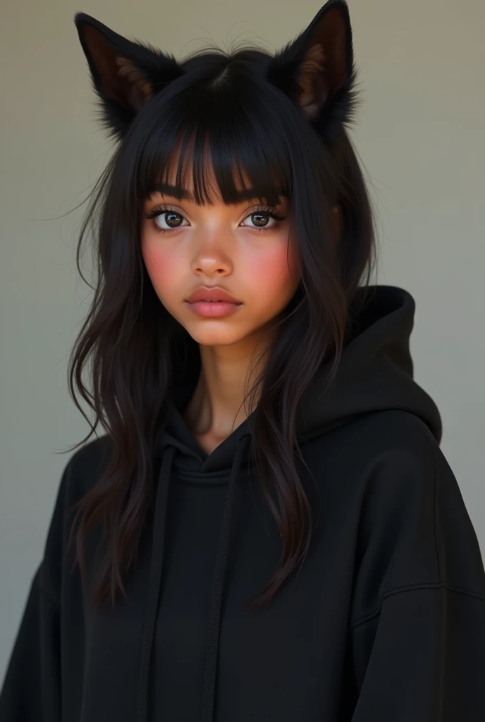 Blythe doll straight hair and black bangs, light skin, lip piercing, dark brown eyes, eye makeup with eyeliner