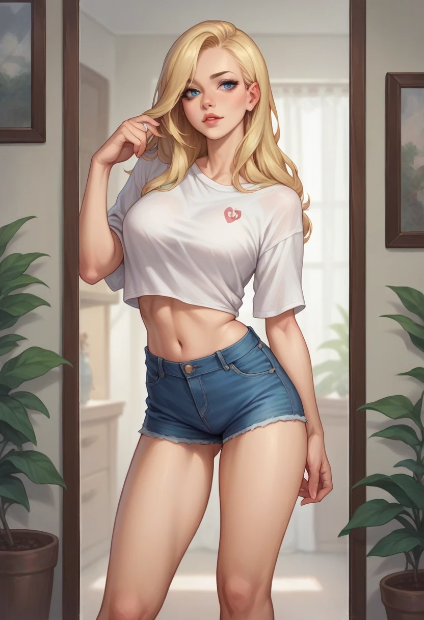 Best Quality, Masterpiece, 1girl, (camisole:1.2), (large breasts:1.2), (erect_nipples), (dolphin_shorts), locker room, beautiful detailed face, beautiful detailed eyes, perfect skin, 8k resolution, perfect lighting, perfect shading, extreme detail, shining, tanned skin, bright lighting,