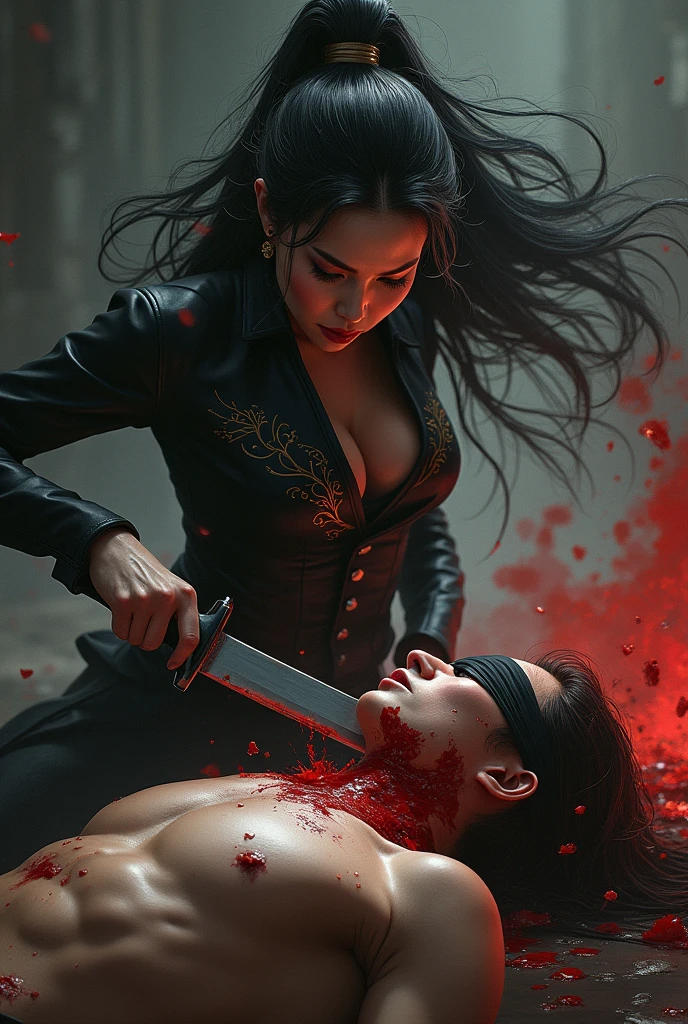 Beautiful woman fighting to exhaustion, holding a blood-stained katana support, covered in blood, kneeling in a broken room full of firelight, face full of unyielding expression, realistic fantasy rendering, ultra-realistic 8k octane photos, cool colors, realism, perfect side face, perfect back.