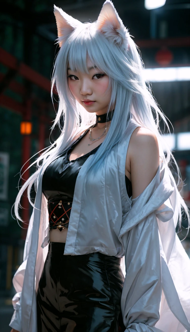 Create an photo of a white and red anthropomorphic Kitsune with blue eyes black horns with black chains around them wearing a black crop top and black shorts female