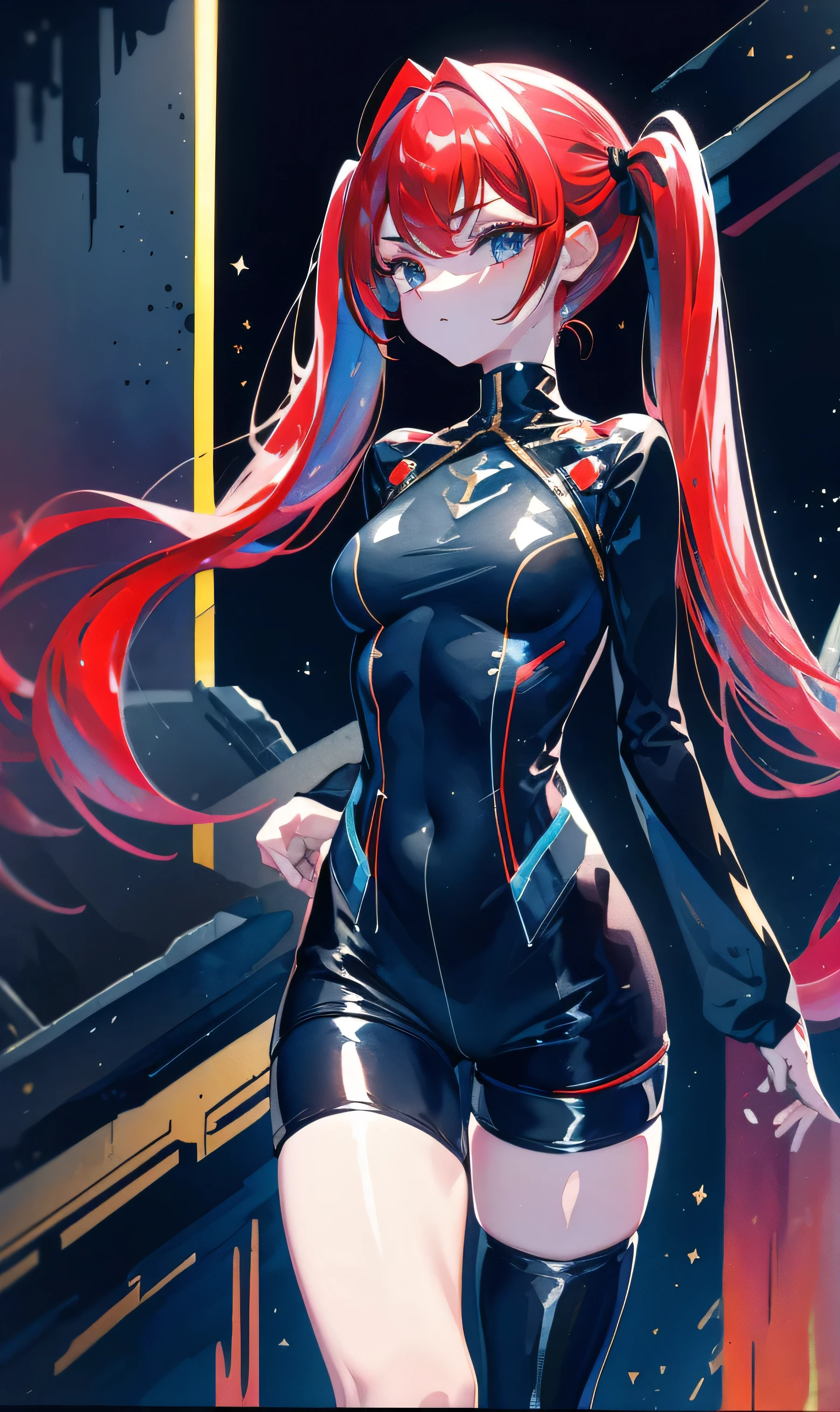 ((absurdres)), (small chest:1.1),(Masterpiece, Best quality:1.4), (Beautiful, Aesthetic, Perfect, Delicate, Intricate:1.2), ((Best quality)), ((Masterpiece)), (Detailed), (high resolution:1.2), petty eyes, detailed eyes, Bend over, angle of view, long hair, dark blue eyes, (((red hair))), straight hair, (((floor length twintails))), ((long twintails)), bangs above eyes, arms behind back, (masterpiece, best quality), BREAK, 1girl, solo, mature, (ultra detailed), posing, sexy adult woman, cute adult woman, cowboy shot, arms in the back, (((perfect body, perfect anatomy))), laying in bed, legs closed, knees together thighs apart, ornate hotel room, (arms behind the back), BREAK, tight black plugsuit with gold accents, (twisted hips), (((wearing a shiny armored plugsuit with tight shorts and long sleeves))), (((shiny thigh high boots))), (((shorts))), (((tight shorts))), zettai ryouiki, black plugsuit with tight shorts, cute and thin adult girl, a thin woman, ((chubby thighs)), (shiny plugsuit with long sleeves and gold accents), ultra detail, masterpiece, perfect anatomy, perfect body, arms behind the back, legs closed, BREAK, solo woman, all alone, adult woman, 20 years old, BREAK, shiny, black plugsuit with gold accents, reflective, cybercity, sharp focus, (glowing), (watercolor painting:1.4)、(Hand Painted:1.2)、(Watercolor brush bristles)、