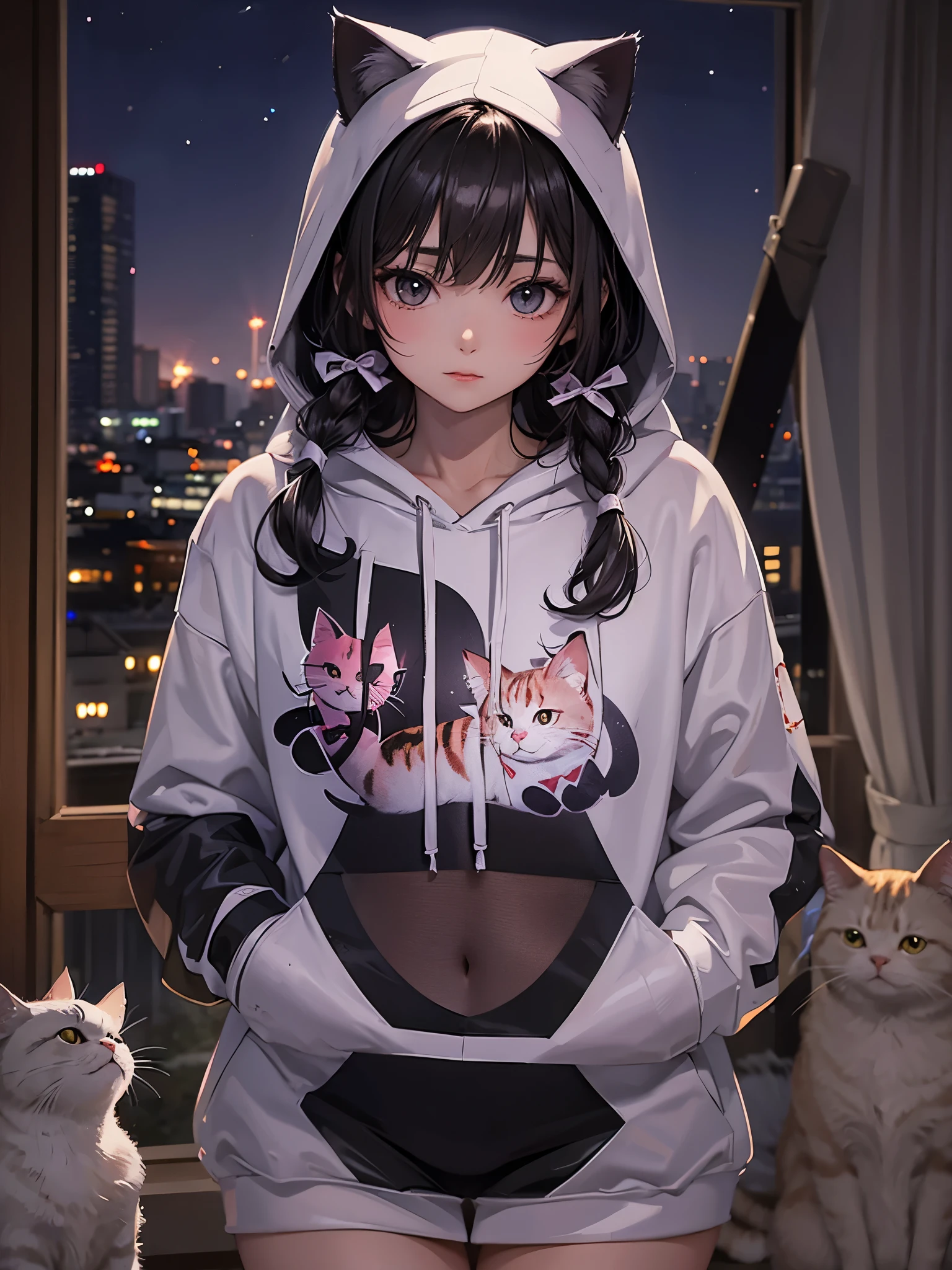 1girl, beautiful Korean girl, (Cute Loose Bob hair, flowing hair), (wearing a cropped bunny hoodie:1.5), (red lips, small breasts, toned stomach, eyelashes, aegyo sal), immersive background, global illumination, natural lighting, (beautiful detailed eyes, symmetrical eyes), (8k, RAW photo, masterpiece, High detail RAW color photo, highest quality, highly detailed CG unified 8K wallpapers), (best shadow, best illustration), physics-based rendering, high contrast, rich colors,