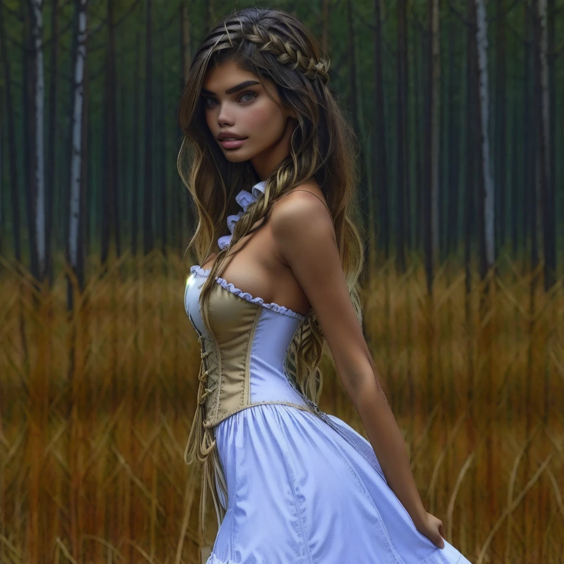 slmn sara sampaio,1girl, skinny,  petite, blonde, masterpiece,best quality,highres,ultra-detailed,aadarjeeling,braid,bangs,medieval, peasant dress,corset,outdoors,standing,:smile, from side, 