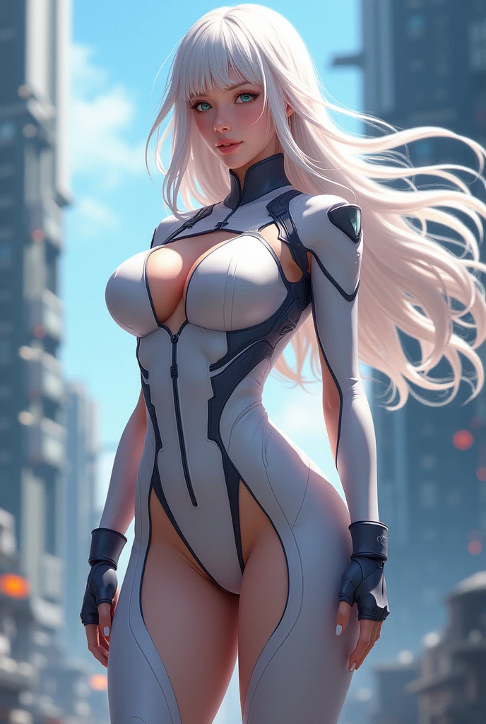 4K,realisticlying,Glamorous,The is very detailed,Cute girl in top city,wearing Spider-Man costume,No masks,She is Spider-Woman,white super hero theme,long white hair,age 22,fully body photo,Hands on your back