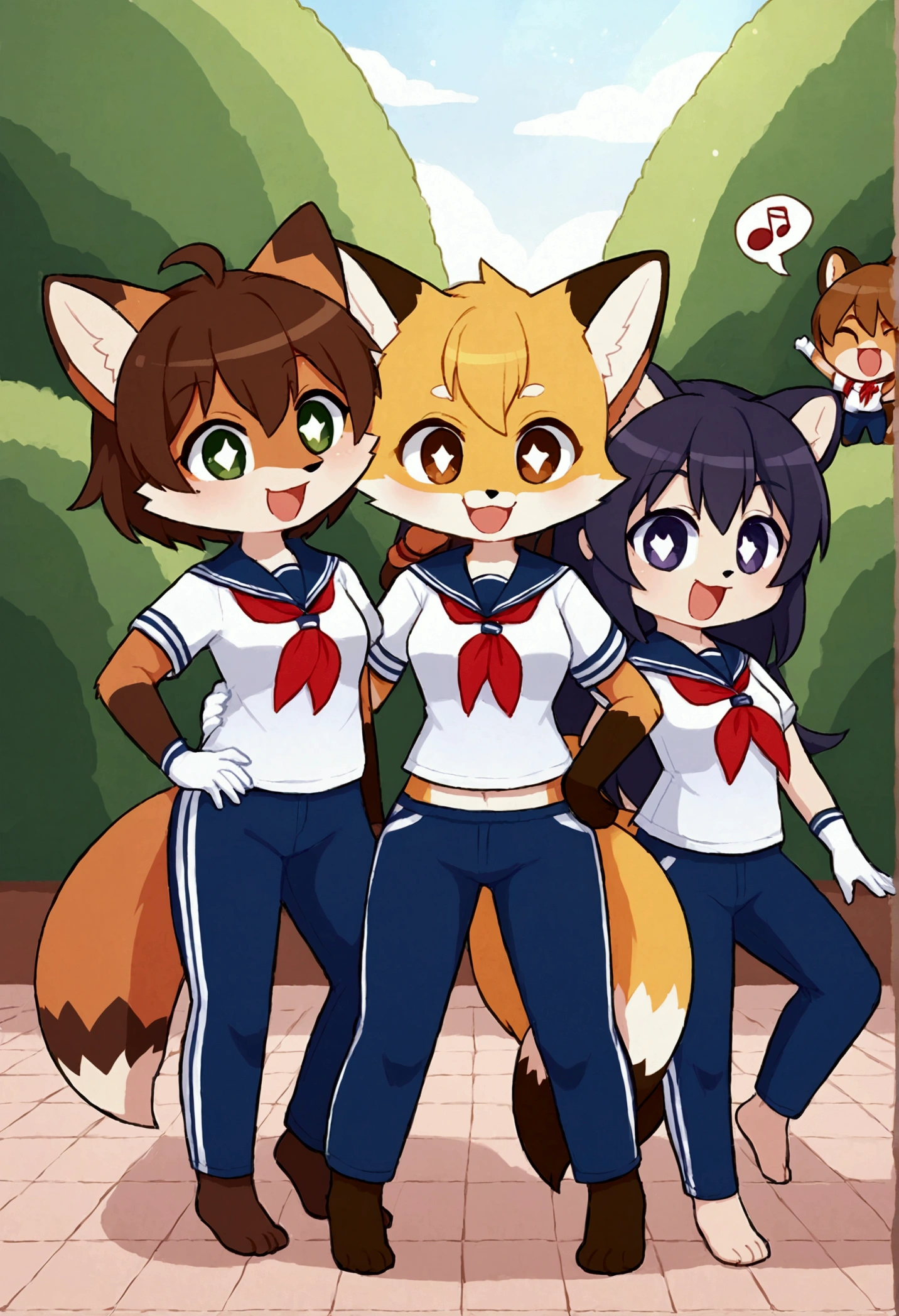 5girls, wolf and fox and tanuki and jackal and coyote, furry, bodyfur, tail, collar, topless, jeans, long pants, glove, boots, chibi, all fours