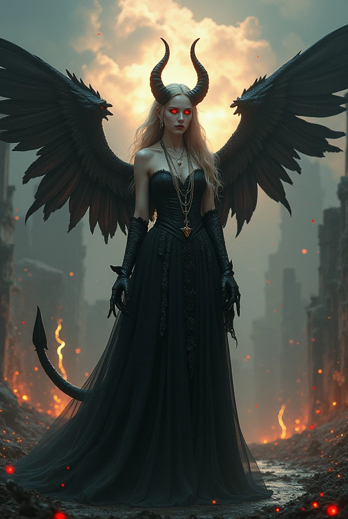 (Numerous award-winning masterpieces, with incredible detail, textures and maximum detail), (hyper realistic:1.4), (realistic:1.3), (best quality real texture skin), (finely detailed true circle eyeinely Detailed and beautiful face:1.6), ((medieval world)), (grim reaper:1.4), (icy look in the eye), (she has a nasty smile on her face but her eyes aren't smiling:1.3), (It has a soul-reaping scythe in its hand:1.5), (Eyes that glow red in the dark), (Dramatic Light), (A majestic sight), Her countenance gentle and beautiful, but somehow terrifying, (Large wings with ragged black feathers behind shoulders:1.3), (Wears a dark black hooded robe with intricate patterns:1.2), Folded wings, Earrings with a skull pattern, Followed by a skeleton knight behind, (((dramatic photo))), (twilight), (sunset), (dusk), ((dramatic pose)), (flamboyant photo), (golden hair), (silver hair), (chestnut hair), (Full-length portrait:1.5), ((looks up)), ((looking down)), (full-body standing image:1.5), (gives full-body standing image:1.5), (Around her neck a necklace of exquisite workmanship), Forgotten Tomb Overgrown with Vegetation, Great Tomb, Underground Labyrinth, Evil Temple Ruins, Sacrificial Temple, Mysteriously, (Magic Circle of Ominous Shine:1.2), Ancient Castle Ruins, Deserted Graveyard Ruins, Crumbled Ancient Tomb, Stagnant Water Ancient Ruins, Swamp Ruins, wavelets, running water, Shining majestic cloud masses and sky, lightning bolt, (A sack containing reaped souls with a faint glow:1.3),