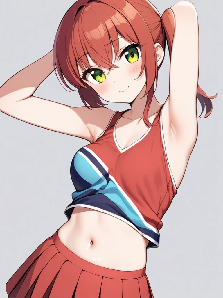 NSFW, 1girl, solo, on gym, red_hair, skirt, bangs, smile, navel, simple_background, pleated_skirt, hair_between_eyes, closed_mouth, looking_at_viewer, red_shirt, arms_up, cheerleader, one_side_up, red_skirt, green_eyes, collarbone, blush, side_ponytail, shirt, sleeveless, bare_arms, bare_shoulders, sleeveless_shirt, upper_body, breasts, small_breasts, armpits, exposing breasts, nipple, showing breasts, erotic