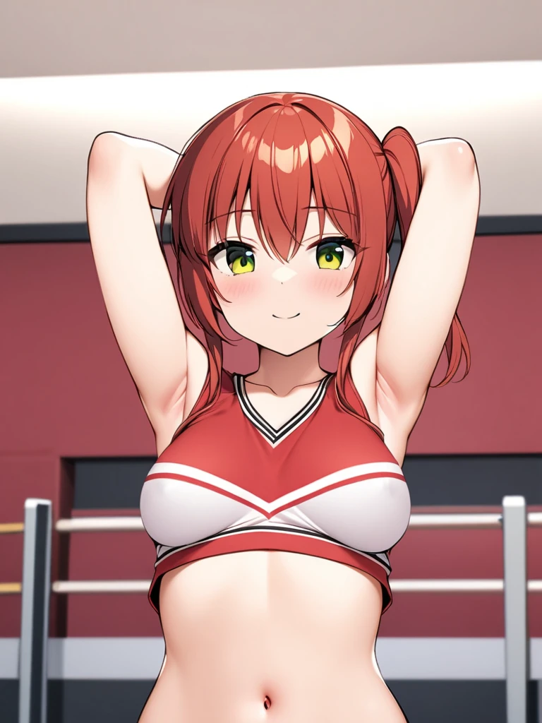 NSFW, 1girl, solo, on gym, red_hair, skirt, bangs, smile, navel, simple_background, pleated_skirt, hair_between_eyes, closed_mouth, looking_at_viewer, red_shirt, arms_up, cheerleader, one_side_up, red_skirt, green_eyes, collarbone, blush, side_ponytail, shirt, sleeveless, bare_arms, bare_shoulders, sleeveless_shirt, upper_body, breasts, small_breasts, armpits, exposing breasts, nipple, showing breasts, erotic