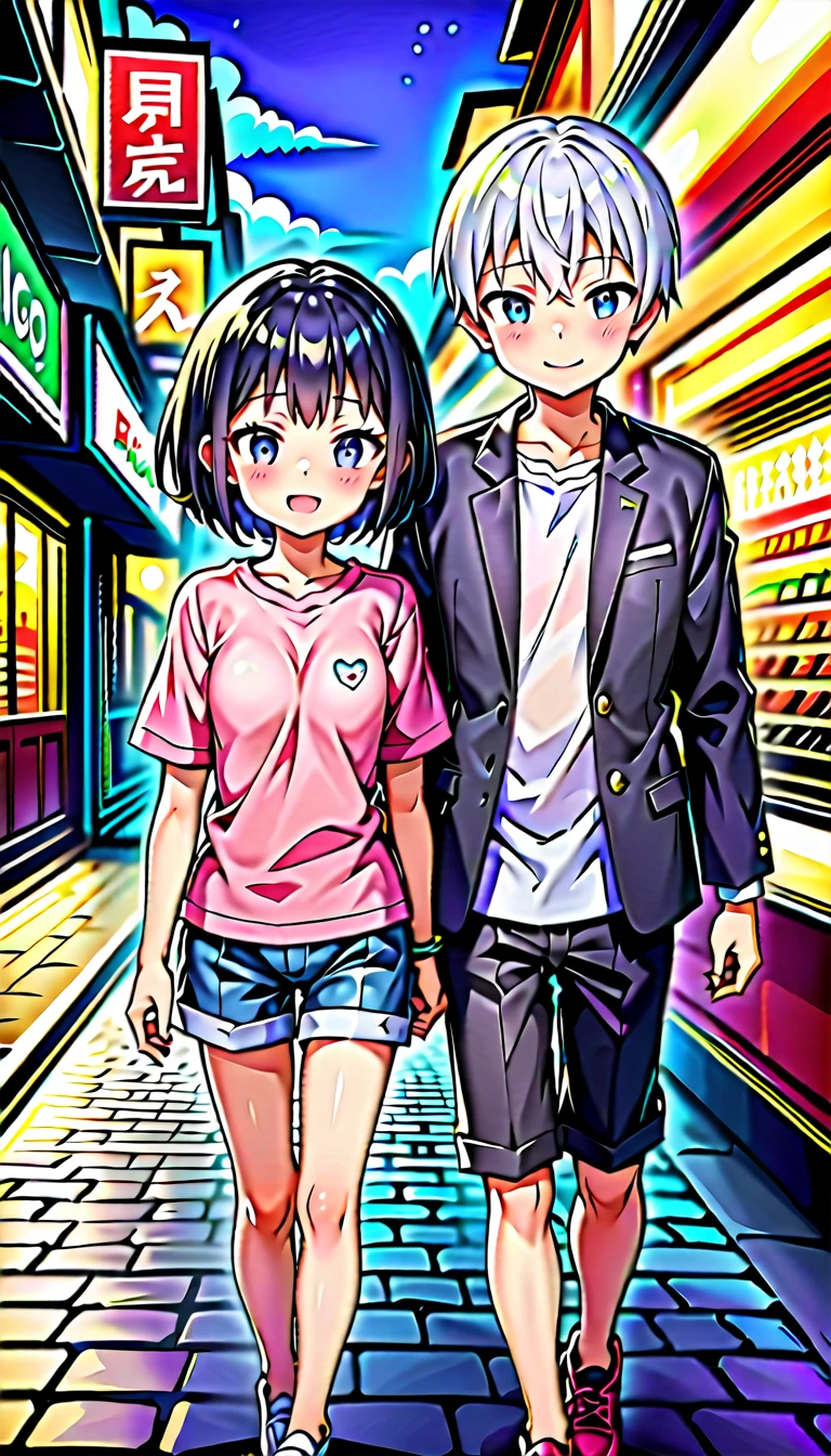 A boy and a girl walking hand in hand、Small and centrally located、Boy on the right、Girl on the left、Date、eveningの街並み、evening、Casual clothing、cute、