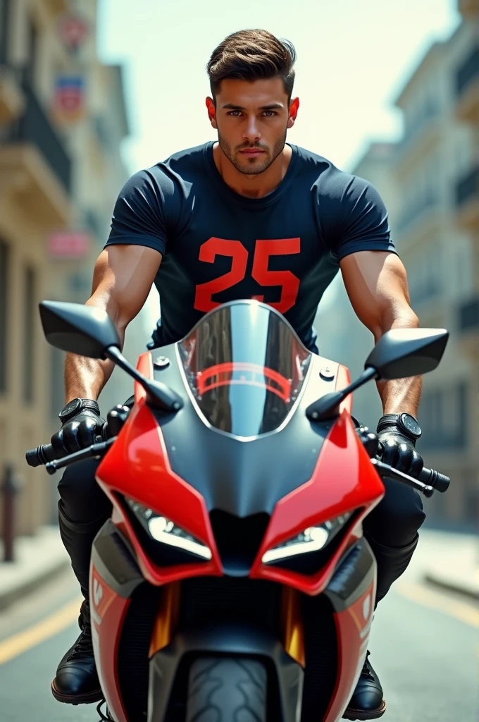 Un jeune homme musclé, avec des veines qui ressortent. Il à un visage carré, d'origine iranien. Il a des cheveux rasés courts et foncés. Ses yeux sont verts clairs et il fixe directement l'objectif de manière sexy. Il est torse nu, avec un jean clair, Il est debout à côté de sa moto ducati rouge, au milieu d'une route déserte, dans la nuit.
