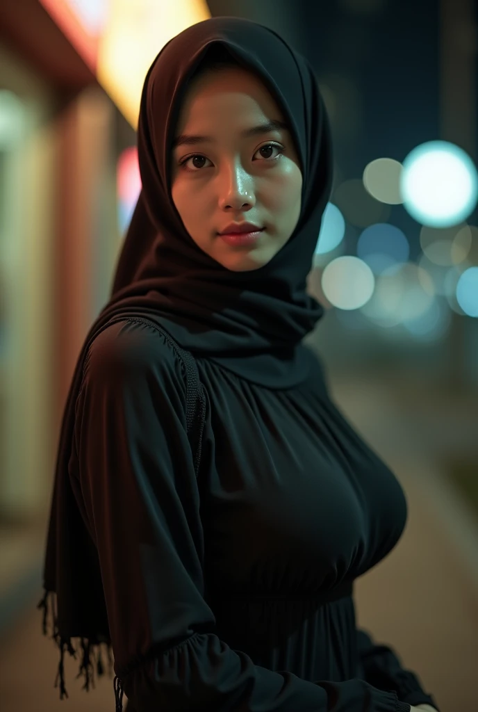 1  Korean girl in hijab, naked, small virgin and firm breasts, Kuala Lumpur street, night, neon city lights, upper body, close-up, teasing, sexy pose, (8k, RAW photos, best quality, work: 1.2),( realistic, photo-realistic: 1.37),