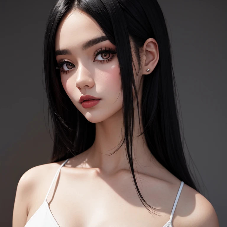 sam yang, 1girl, backlighting, bare shoulders, black choker, blurry, blurry background, blush, breasts, choker, cleavage, closed mouth, collarbone, earrings, forehead, freckles, hair over shoulder, jewelry, long hair, looking down, pointy nose, red lips, shadow, solo, thick eyebrows, thick eyelashes, upper body, white hair , ((masterpiece))