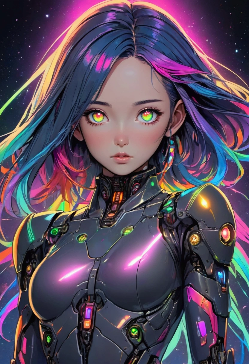 ((best quality)), ((masterpiece)), (detailed), perfect face of cyberpunk mecha japanese girl, neon rainbow eyes, metallic black body, rainbow hair, ((monochromatic neon rainbow color palette)), surreal, art nouveau, in the illustrative style of moebius, spaceships, aliens, fantasy, sci-fi, graphic novel, line drawing, french retro, bizarre, gallery worthy, work of uncanny art, ((small breeasts)), ((cleavage)), sexy, submissive, seductive, cleavage, looking at viewer, arms behind back, ulzzang, portrait, sexy, submissive, ((seductive)), ((heavy blushing)), shy, tease, Sharp focus, ((shiny skin)), ((naughty girl)),
