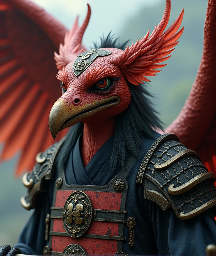 quality\(8k,wallpaper of extremely detailed CG unit, ​masterpiece,hight resolution,top-quality,top-quality real texture skin,hyper realisitic,increase the resolution,RAW photos,best qualtiy,highly detailed,1. Appearance: Tengu are often depicted as humanoid beings with long noses and sometimes wings. Their appearance can vary from a mischievous figure to a reclusive one.
2. Powers: Tengu are believed to possess supernatural abilities. They are sometimes portrayed as forest guardians or great warriors.
3. Nature: According to stories, tengu usually inhabit forests and mountains, where they protect their environment.
4. Behavior: Tengu are often shown as "demons" or "tricksters" who play tricks on humans and confuse them.
Traditional Dress: Tengu are often depicted in traditional Japanese attire, such as "kimono" and "hakama" (wide-legged trousers), resembling ancient warriors or monks.
2. Kabuki Mask: Sometimes, tengu are shown wearing a distinctive mask with a long nose, giving them a dramatic and intimidating look.
3. Samurai Armor: In some stories and depictions, tengu are shown in samurai armor, highlighting their warrior qualities.