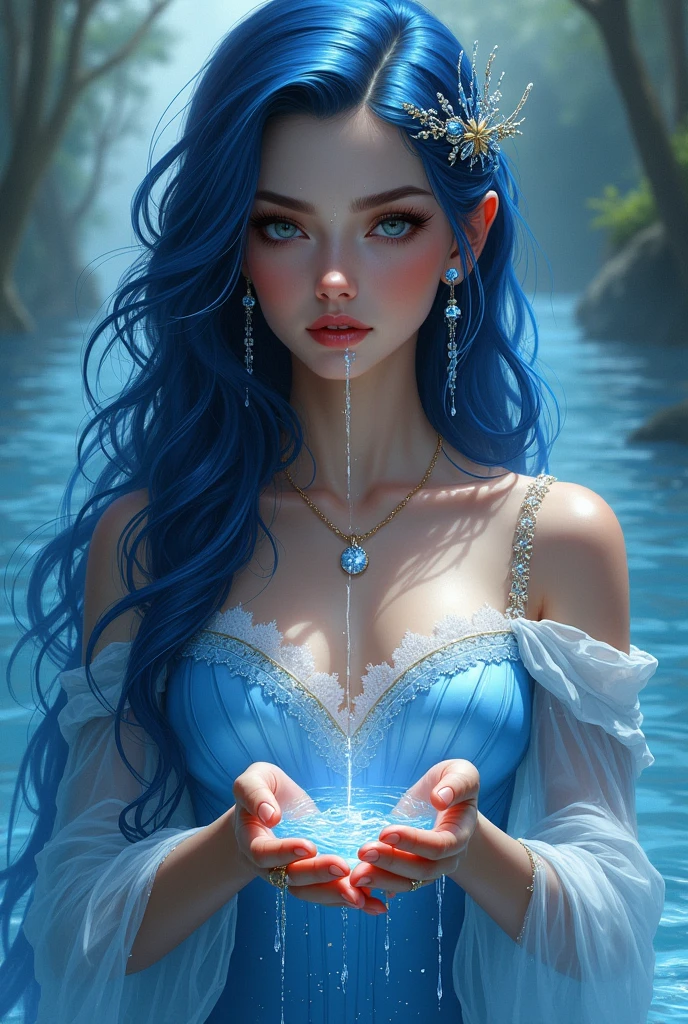 a beautiful woman with long, straight, jet-black hair, intense blue eyes, inside a waterfall from which white rose petals rain, she is with a white cobra, which wraps around her neck, a diamond crown on her head, with mist and white glow, the water reaches her waist. profile picture. animated digital art