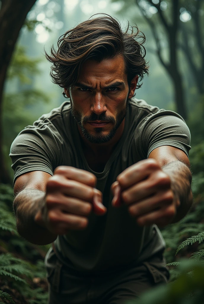 A skiny ugly looking man eatings moss and gets transformed into a big strong musled man