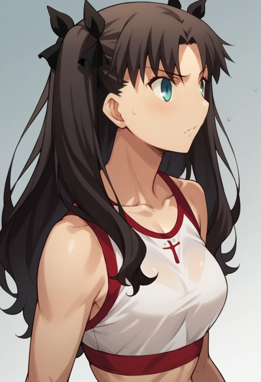 Tohsaka Rin, sport top, she is pawing at her breasts 