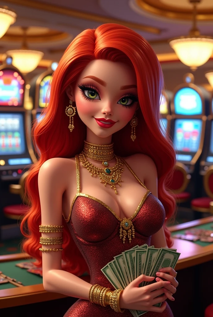 ​masterpiece, ((ultra detailed background, delicate pattern, Intricate detailing)), (muito detalhado, fine details), best quality, beautiful lighting, (hyper breasts , slim girl), (Cowboy-shot), BaccaratV2, 1 girl, alone, Long hair, jewellery, Red hair, ear rings, 项链, smile, green eyes, tattoo, complex detailed background, casino environment, fancy interior environment, slim girl,  completely naked, no clothes, nsfw, blush, sexy Pose, hyper breasts.