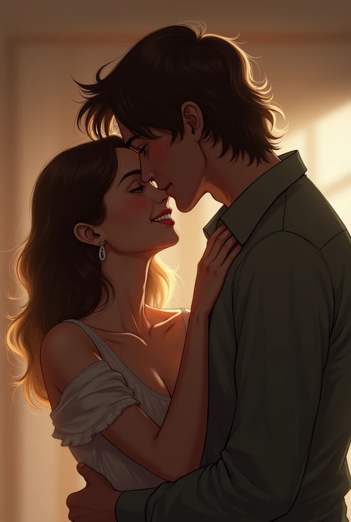 Geto Suguro of 1,90 he is very handsome kissing woman of 1,67 cm and curly hair, mixed skin, making out in the bathroom and his hand on her ass and the other on her head