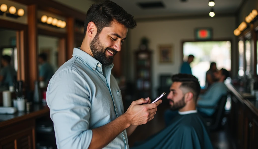elements that evoke technology and family, like a father and son using a mobile phone together. Poner la palabra MOVICELL como logo de su ropa
