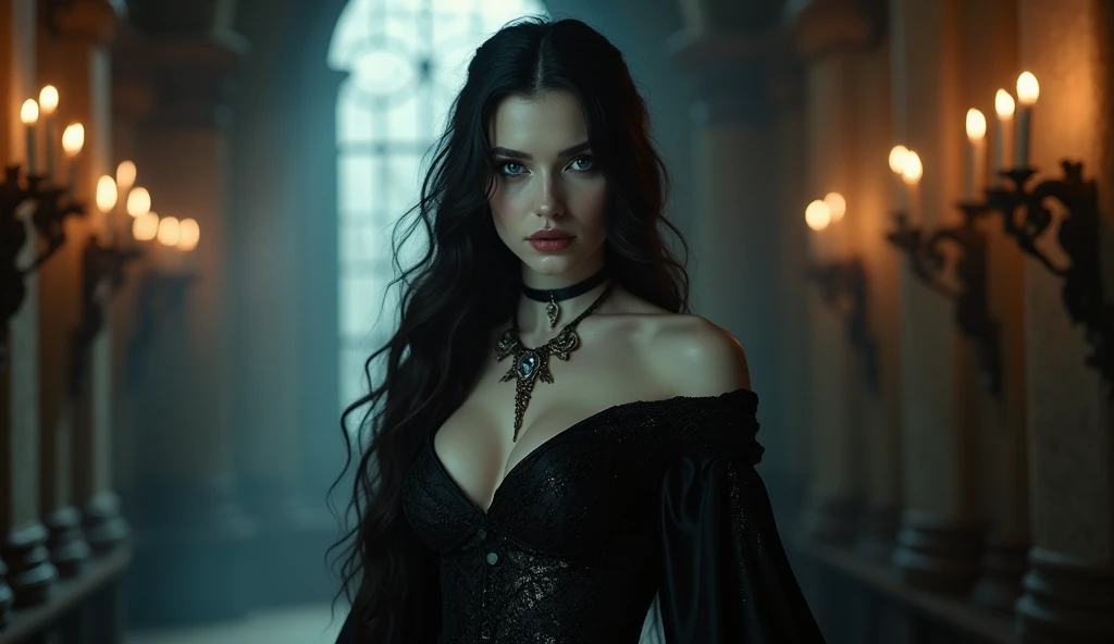 A young, seductive vintage gothic horror vampire stands confidently in the center of the frame. She has pale, porcelain skin and strikingly sharp features. Her deep, blood-red lips are slightly parted in a seductive manner. She has long flowing wetblack hair with a slight wave, cascading down her back, adorned. Her eyes are piercing, with dark, smoky eye makeup and intense, violet-colored irises. She is dressed in transparent lace stockings, paired with a flowing velvet scarf. She wears knee-high, lace-up boots with metal accents. Her fingers are adorned with ornate rings, with elegant gothic tattoos. The setting is a dimly lit, ancient, gothic street, arched windows that allow a faint, candle lights from the buildings to stream through. The walls are made of aged, dark stone with intricate carvings, and there are tall, flickering candles on the streelamps casting dancing shadows. A large, ornate stone pillar with a pentagram is visible in the background, surrounded by scattered, mystical artifacts. The atmosphere is thick with a faint mist, adding a sense of mystery and otherworldliness.
The lighting is primarily soft, cool moonlight filtering through the stained-glass windows, casting eerie, colored reflections on the floor. There are also warm, flickering candlelights that create deep shadows, highlighting the contours of her face and body, and adding a dramatic, high-contrast effect. The lighting accentuates the textures of her clothing and the coldness of her surroundings.
The camera is positioned at a low angle, looking slightly up at her, giving her a dominant, powerful presence in the frame. The shot is medium-close, capturing her from the waist up to emphasize her confident posture and expression. The composition follows the rule of thirds, with her positioned slightly off-center to the right, allowing the gothic street details to fill the background. nikkor 85mm f2