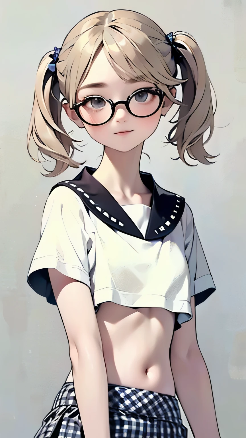 Highest quality、masterpiece、Realistic、Perfect Anatomy,One Girl，Ash Blonde Hair、Very short stature，Hata、zoom、cute、Gray Eyes、、Twin tails、Glasses、White T-shirt、(Gingham Check Culotte Skirt:1.37)，belly button，blank，Black light