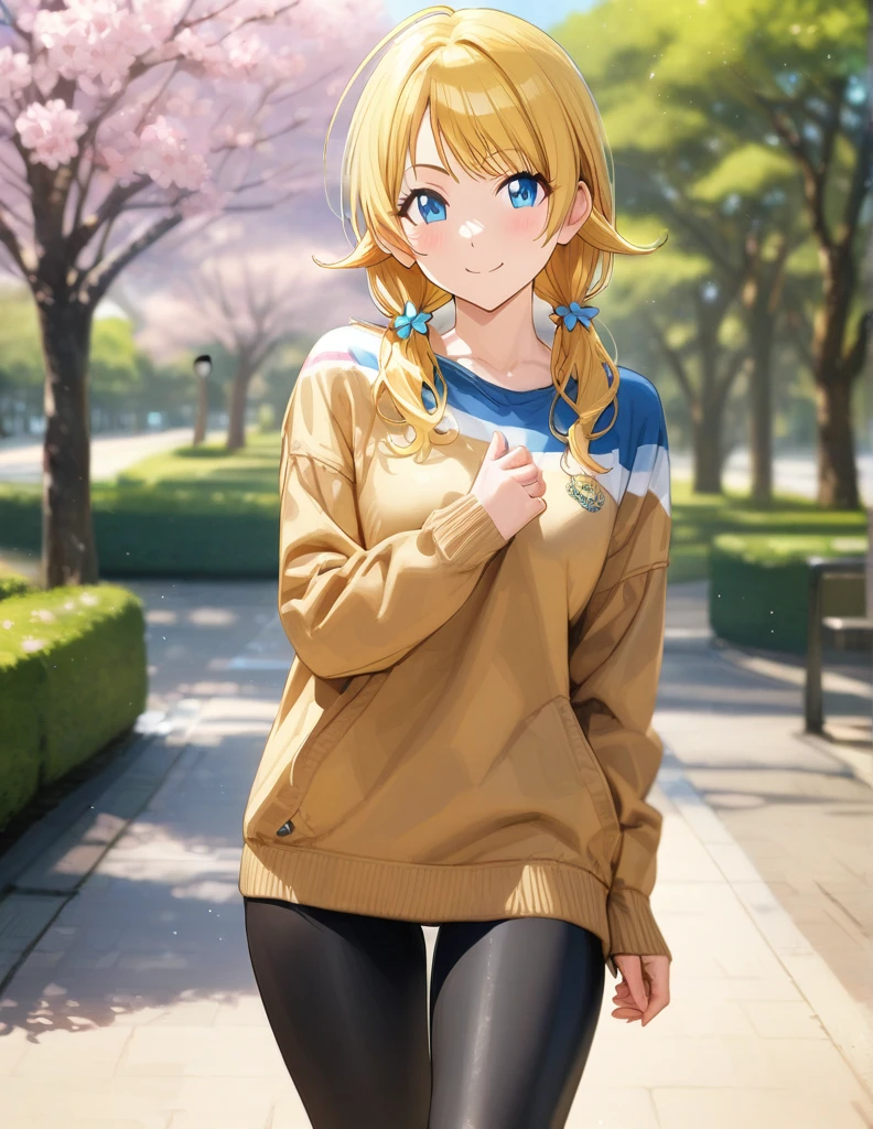 (masterpiece),(Highest quality),(Very detailed),(Best illustrations),(Best Shadow),(Absurd),(Detailed Background),(so beautiful), 
Official Style,

(Meguru Hachimiya:1.2), blonde hair, long hair, Blue eyes,

the idolmaster shiny colors,
low twintail,
chest,
blush,
smile,

Leggings,
parker,

alone,
Japan,
park,
(桜:1.5)
Background Blur, 
focus on face,
realistic skin,
cowboy shot,