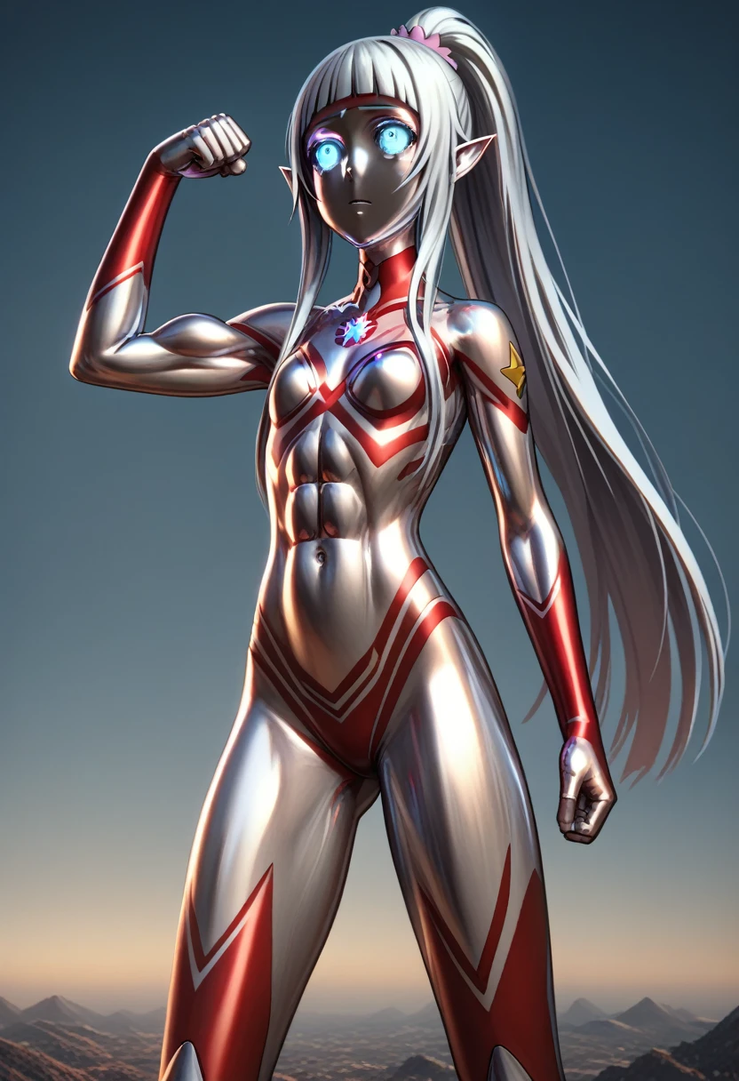 1girl, solo, 4k quality, masterpiece, best quality,   yui (alo-sao), yui, long hair, blunt bangs, white hair, very long hair, high ponytail, pointy ears, elf, ultrawoman, robot, colored skin, glowing eyes, glowing blue eyes, sclera glowing, blue sclera, polished bronze, flat chest, giantess, giant, metallic face, metallic skin, shiny skin, glossy skins, glossy chrome face, glossy transparent colored metallic chrome skin,  gem on chest, colour timer on chest, chest jewel, belly jewel, red jewel, muscular, abs, six packs abs, Female Bodybuilding Style, thick thighs, looking away,huge biceps, flexing, 