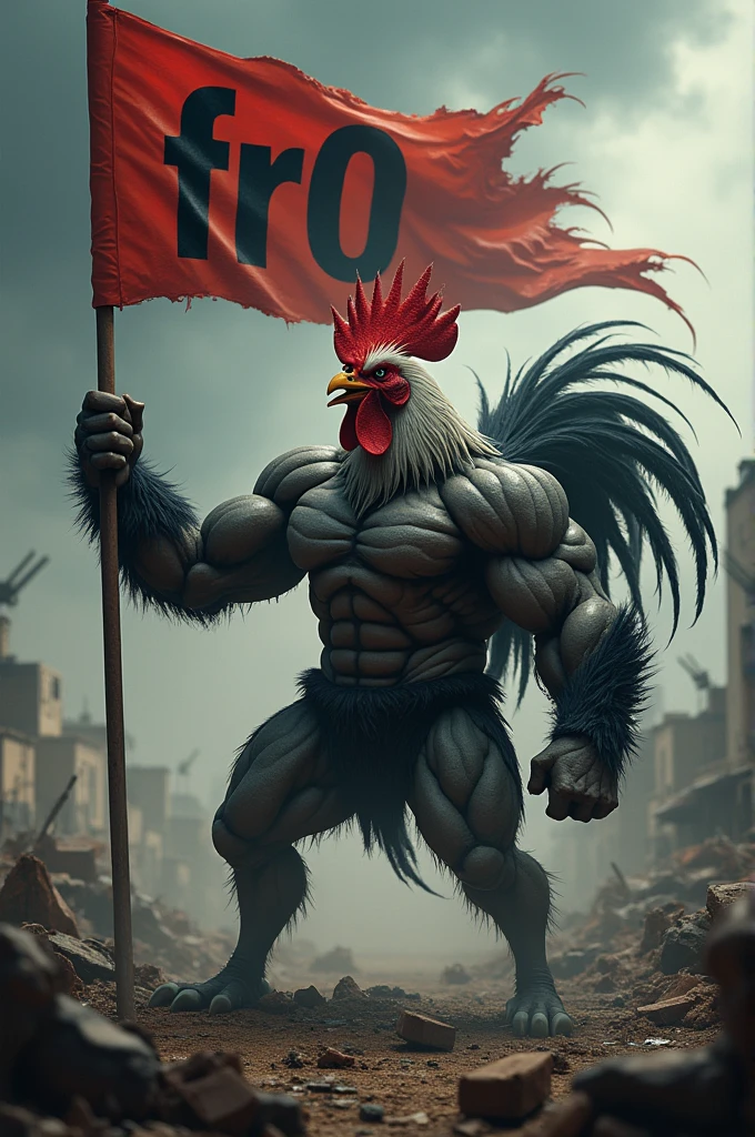 angry black chicken muscle wear boxing gloves, champion belt, and holding Indonesian flag in hand.