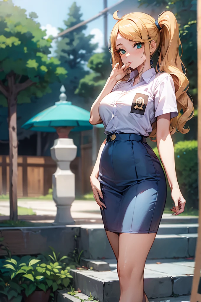 realistic, 1girls, sonia (pokemon), best quality, 12k, HD, long hair, big round breasts, Indonesian high- school uniform, skirt, slim hips, turquoise eyes, blonde hair, super detailed, Eye details , hair details, person details, mouth details, face details, breast details, clothes details, hair details, pants details, hand details, whole body