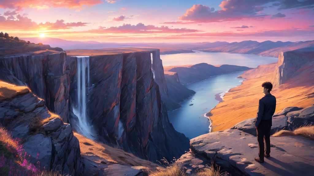 A warm and inviting final scene where the young man stands on the edge of a cliff at sunset, looking out at the horizon. The sky is painted in vibrant colors, with the sun dipping below the horizon. Below him, the landscape is bathed in a golden light. He is smiling, peaceful, and content, symbolizing his journey to inner peace. The image evokes a sense of closure and harmony.