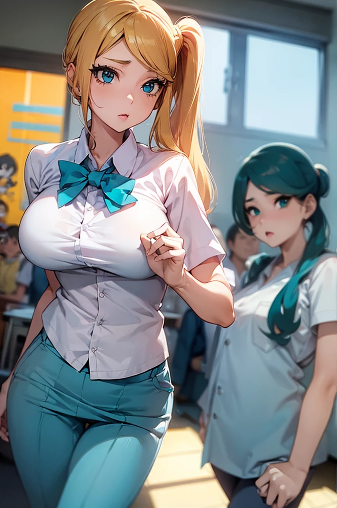 realistic, 1girls, sonia (pokemon), best quality, 12k, HD, long hair, big round breasts, ponytail, Indonesian high- school uniform, skirt, classroom, slim hips, turquoise eyes, blonde hair, super detailed, Eye details , hair details, person details, mouth details, face details, breast details, clothes details, hair details, pants details, hand details, whole body