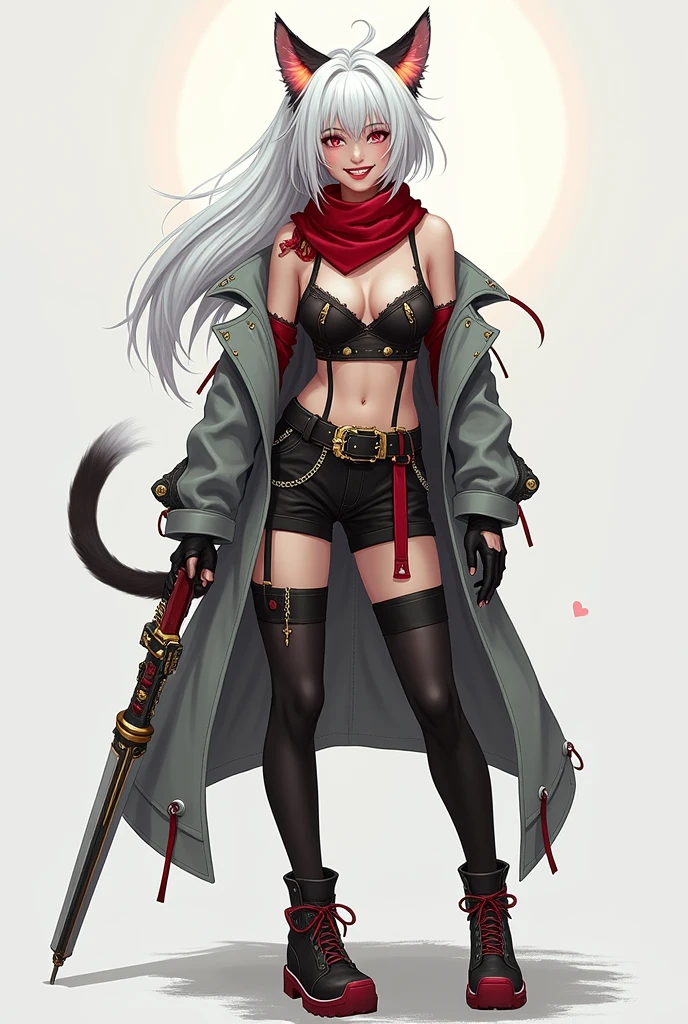 (asura art style:0.7), score_9, score_8_up, score_7_up, score_6_up, uncensored, ayako kuroba, long hair, bangs, black hair, hair ornament, red eyes, hair ribbon, hair flower, blunt bangs, rose, drill hair, lipstick, red flower, red rose, red lips, BREAK detailed eyes, beautiful eyes, perfect eyes, assertive female, (perfect hands, perfect anatomy), detailed skin texture, (blush:0.5), (goosebumps:0.5), excessive sweating, sweating profusely, sweating drop BREAK, 1girl, weapon, fishnets, sword, fishnet bodysuit, sheathed, high heels, full body, sheath, black footwear, solo, hand on own hip, breasts, holding, katana, chaps, fingerless gloves, tattoo, gloves, multiple belts, bandaged arm, arm tattoo, pants tucked in, pants, leotard, bow, holding animal, standing, puffy pants, multiple swords, cross-laced footwear, boots, belt, black gloves, looking at viewer, scar on nose, animal, scar on face, high heel boots, bandages, charm \(object\), knee boots, scar, scar across eye, black leotard, single sleeve, baggy pants, legs apart, weapon on back, shoulder tattoo, black belt, fishnet pantyhose, bare shoulders, sword behind back, wakizashi, leg belt, leotard under clothes, scabbard, parted lips, short sword, thigh cutout, sleeveless turtleneck leotard, covered collarbone, arm belt, ribbon, black bow, clothing cutout, fog, smile, black pants, bodysuit, buckle, covered navel, large breasts, bodystocking, black ribbon, pantyhose, lips, lace-up boots, chest belt, closed mouth, sleeveless, scar on arm, o-ring, leather boots, multiple weapons, turtleneck, single bare shoulder, black nails, kunai, crotchless, holding cat, ninja, artist name, loose belt, belt buckle, covered abs, highleg leotard, strap, nose,