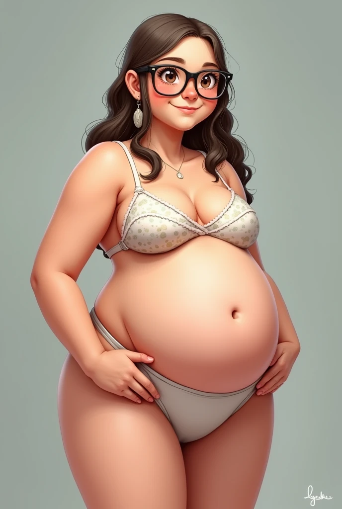 Kizi, totally naked, white, chestnut hair, glasses with rounded frames, a little fat on the body