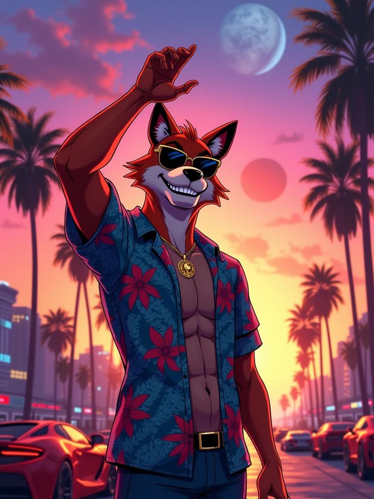 head up, looking_up, half-length portrait, standing, male, nick wilde, sunglasses, hand above head, aloha shirt, smile, teeth, golden necklace, BREAK, vaporwave, subsurface scattering, by Conrad Roset, by M.W. Kaluta, detailed background, detailed foreground, depth of field, ambient silhouette, backlighting, sunset, cityscape, night, planet, beach, plam, cloud, (sport car:0.75), ambient butterfly