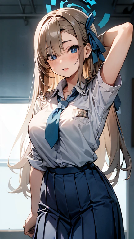 realistic, 1girls, Asuna Ichinose (blue archive), best quality, 12k, HD, long hair, big round breasts, IndonesiN high-school uniform, skirt, classroom, slim hips, blue eyes, beige hair, bangs cover one eye, super detailed, Eye details , hair details, person details, mouth details, face details, breast details, clothes details, hair details, pants details, hand details, whole body