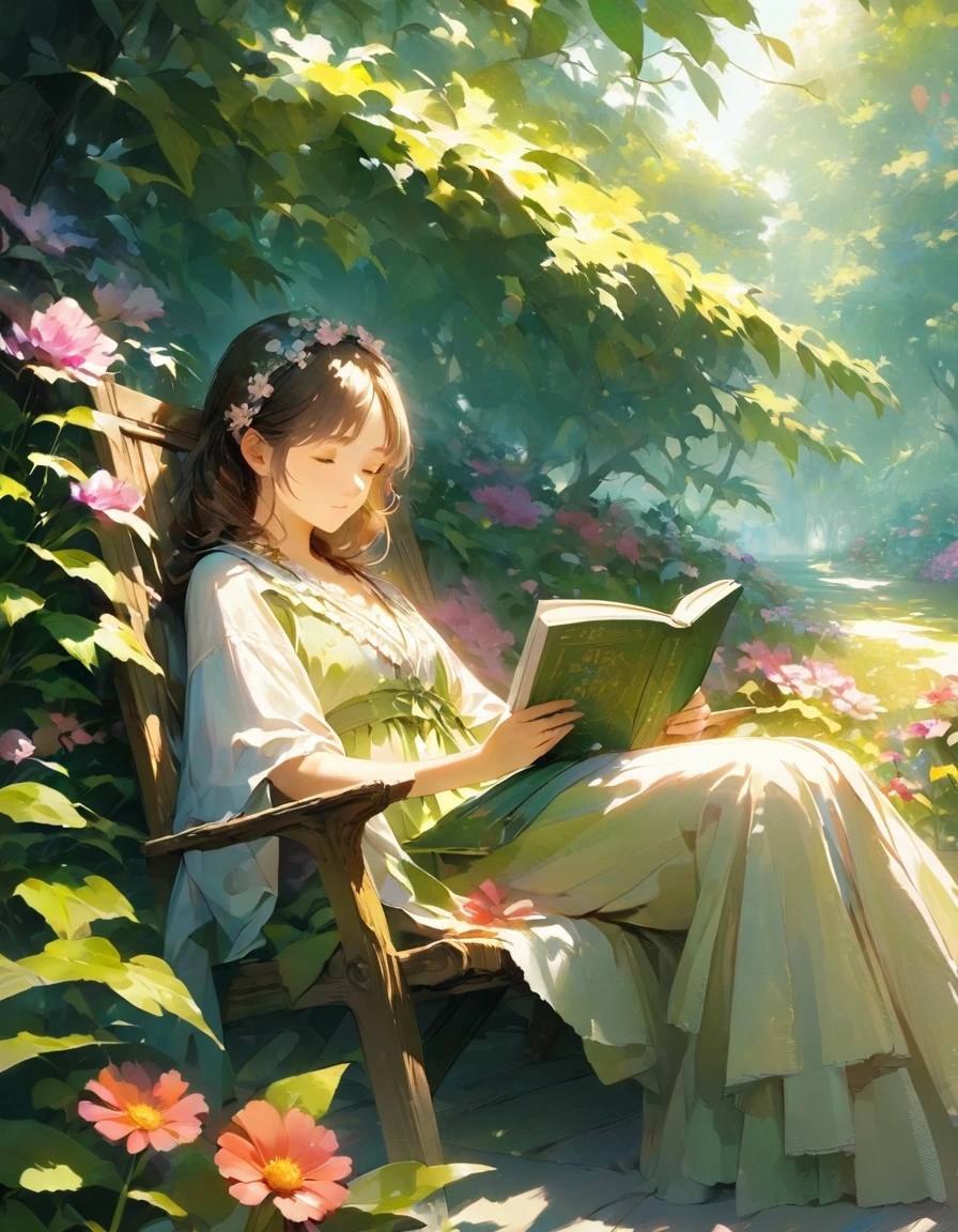 ((Top Quality)), ((Excellent)), (Details), 8K, Reading in the Garden: "A woman is reading a book while sitting in the shade of a tree in the garden of her home. A cat is relaxing on her lap, surrounded by colorful flowers and greenery. Bright sunlight filters through the leaves, creating a serene midday moment.", conceptual art, jpeg artifacts, first person perspective, ultra-high resolution, anatomically accurate, attention to detail, ultra-detailed